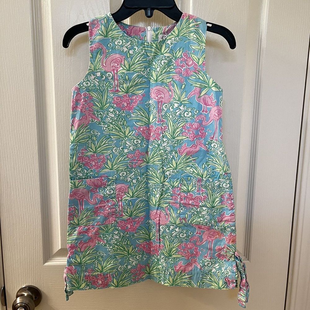 Lilly Pulitzer Flamingo Pelican Shift Dress Pink Green Blue Girls Size 7
